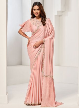 Peach Satin Silk Embroidered, Moti and Sequins Work Classic Sari for Women
