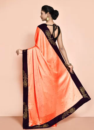Peach Satin Silk Hand Work Trendy Saree for Women