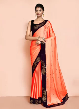 Peach Satin Silk Hand Work Trendy Saree for Women