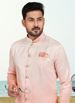 Peach Silk Buttons and Print Work Indo Western for Men