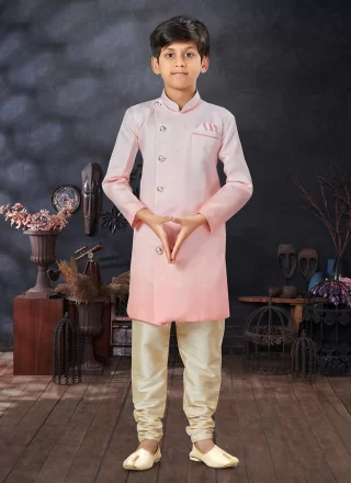 Peach Silk Buttons, Fancy and Print Work Indo Western