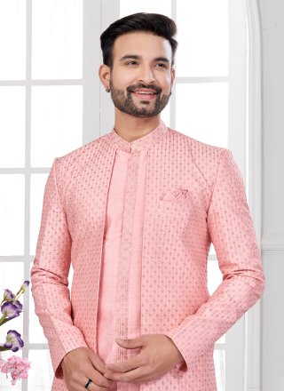 Peach Silk Machine Embroidery, Stone and Thread Work Sherwani Mens Wear for Engagement