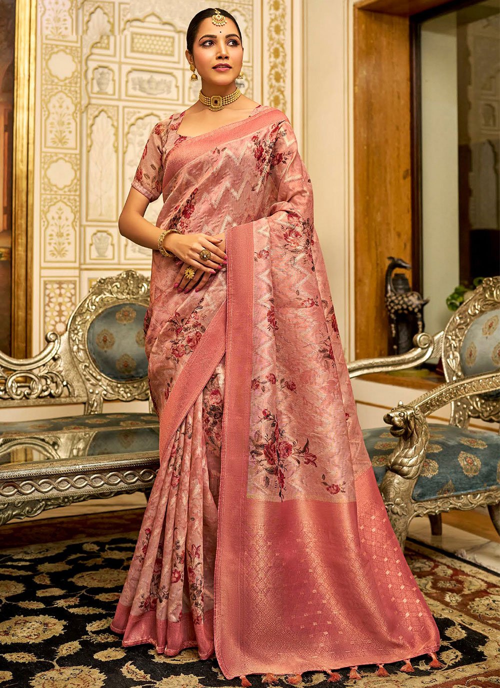 Peach Color Saree & blouse & blouseWith Zari and Sequins Work - DRESSTIVE -  3880223