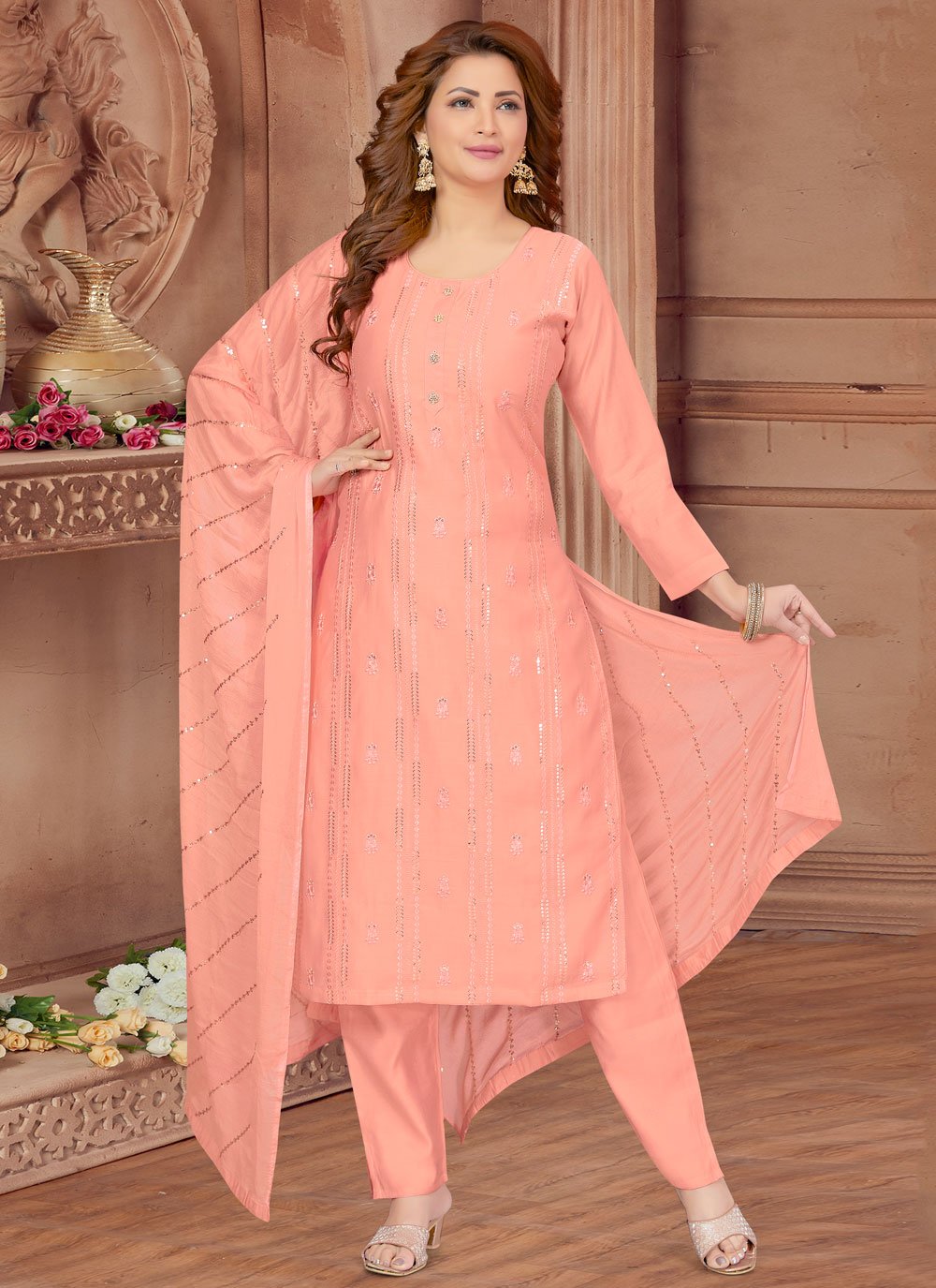 Peach Silk Resham and Sequins Work Salwar Suit for Women