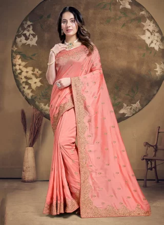 Peach Silk Trendy Saree with Embroidered and Sequins Work for Women