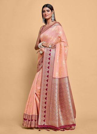 Peach Silk Weaving Work Trendy Saree for Women