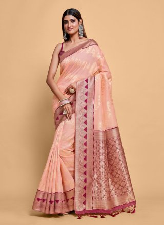 Peach Silk Weaving Work Trendy Saree for Women