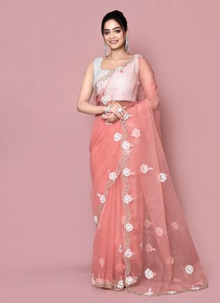 Peach Tissue Hand Work Contemporary Saree