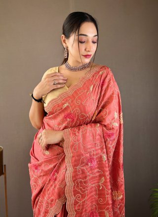 Peach Tussar Silk Embroidered Work Traditional Saree for Ceremonial
