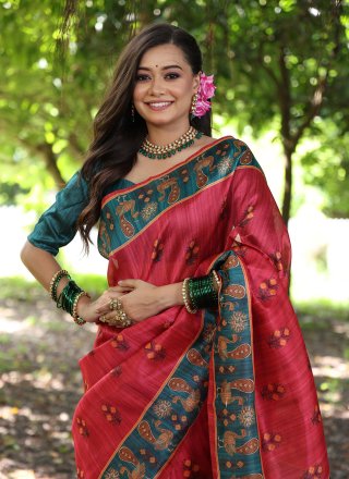 Peach Tussar Silk Patch Border and Print Work Classic Saree for Casual