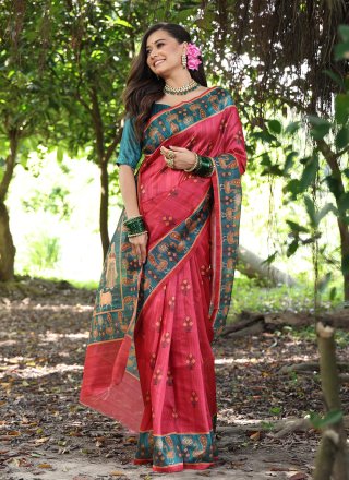 Peach Tussar Silk Patch Border and Print Work Classic Saree for Casual