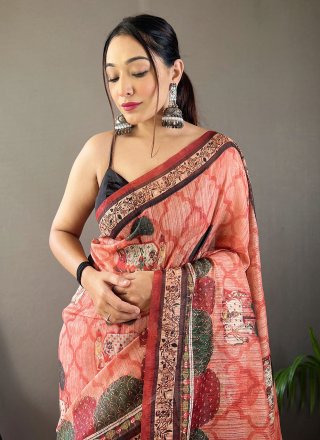 Peach Tussar Silk Print Work Designer Saree for Ceremonial