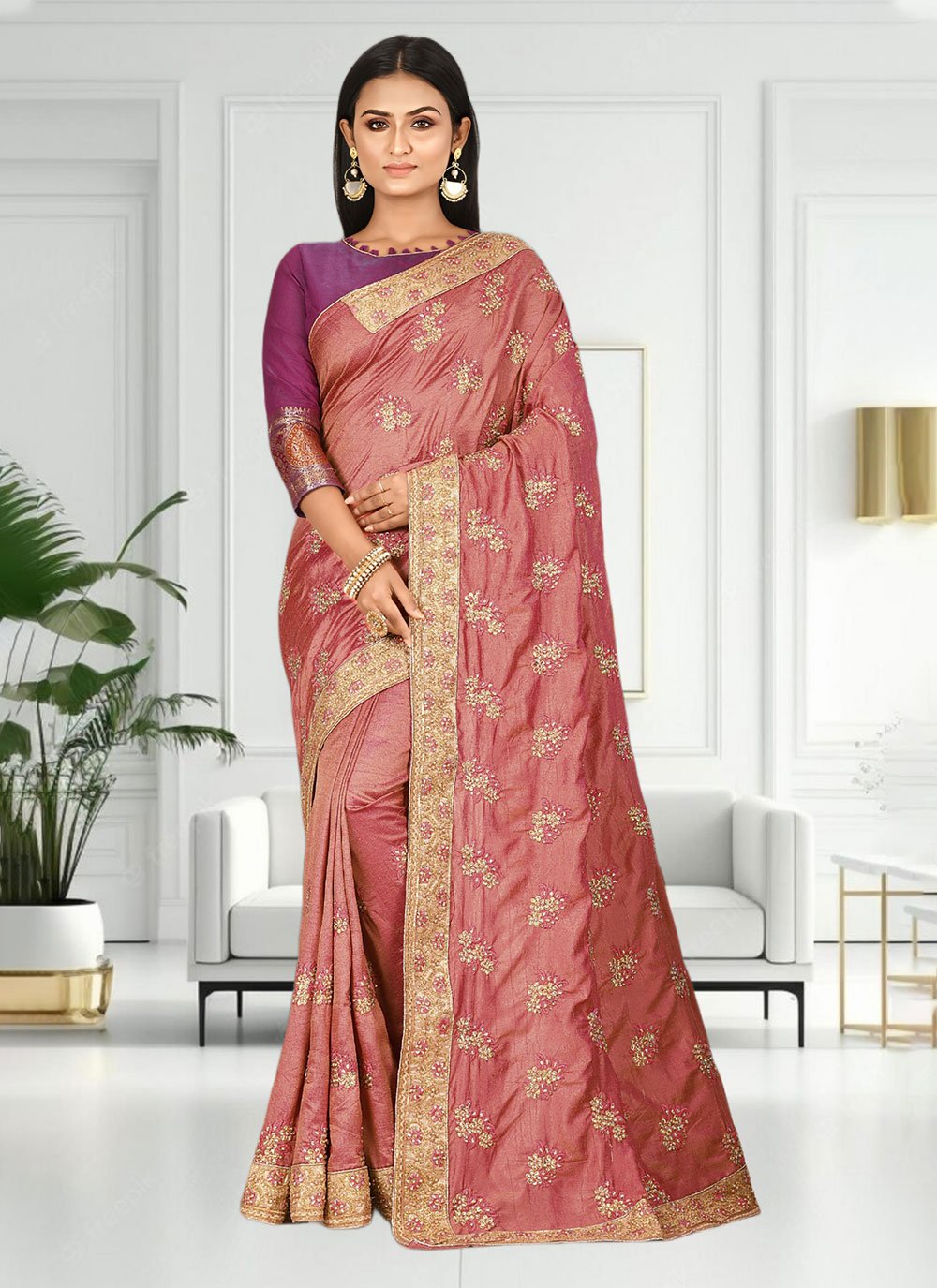 Dola Silk Designer Saree In Peach and Brown Colour