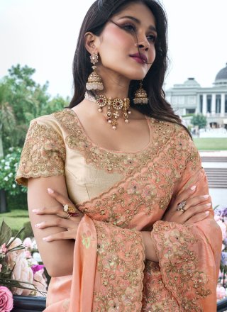 Peach Viscose Embroidered, Resham, Sequins, Stone and Zari Work Classic Saree