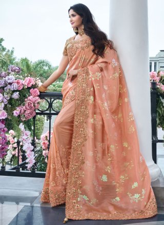 Peach Viscose Embroidered, Resham, Sequins, Stone and Zari Work Classic Saree
