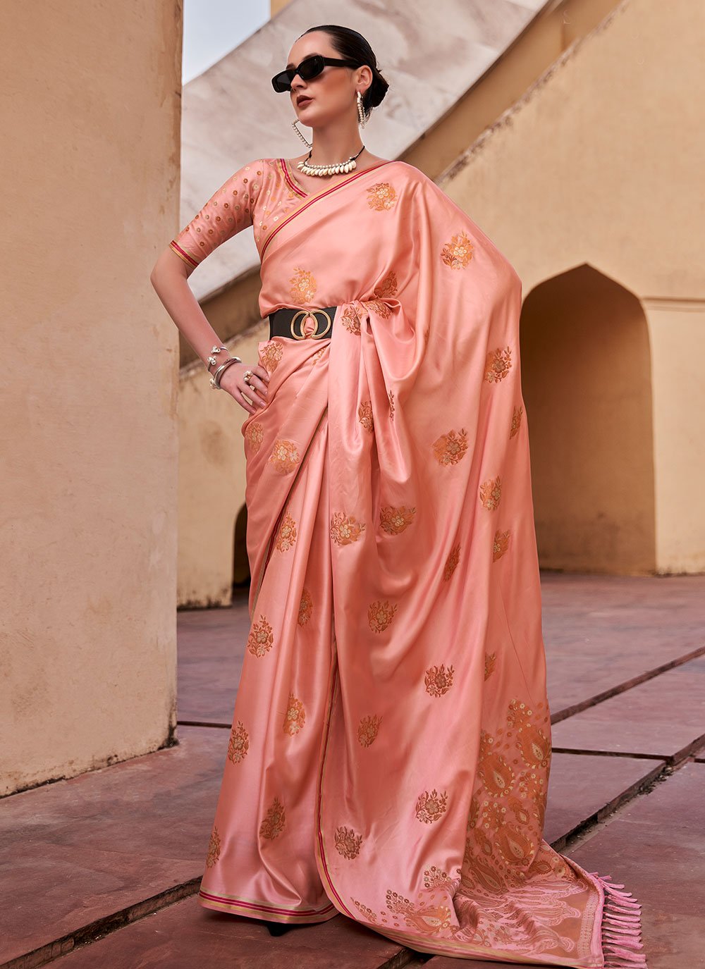 Buy Peach Satin Silk Saree With Resham Work Online - SARV04312 | Andaaz  Fashion