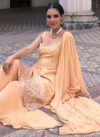 Peppy Peach Faux Georgette Salwar Suit with Embroidered and Sequins Work