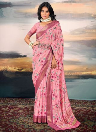 Perfect Pink Cotton Silk Classic Saree with Digital Print Work