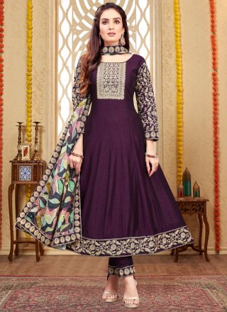 Perfect Purple Silk Salwar Suit with Embroidered Work