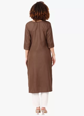 Perfervid Brown Blended Cotton Designer Kurti with Embroidered Work