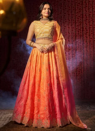 Phenomenal Orange Organza Lehenga Choli with Embroidered and Print Work