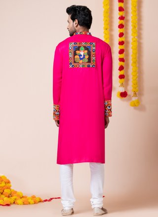 Phenomenal Pink Rayon Kurta Pyjama with Lace, Machine Embroidery and Patch Border Work