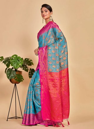 Picturesque Blue Kanjivaram Silk Trendy Saree with Woven Work
