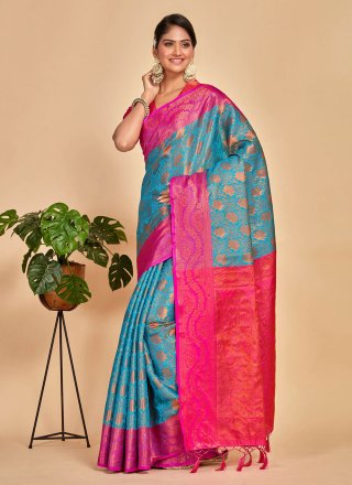 Picturesque Blue Kanjivaram Silk Trendy Saree with Woven Work
