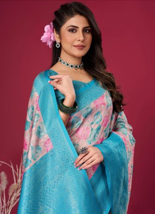 Picturesque Blue Silk Contemporary Sari with Digital Print Work