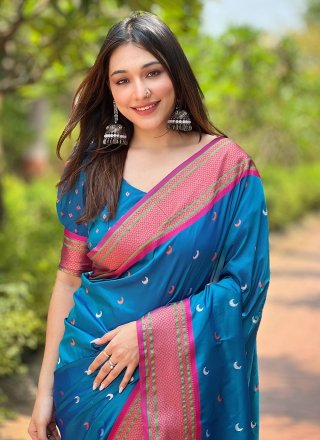 Picturesque Blue Silk Trendy Saree with Woven Work