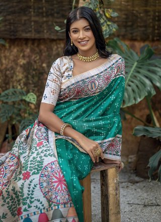 Picturesque Rama Tussar Silk Trendy Saree with Print Work
