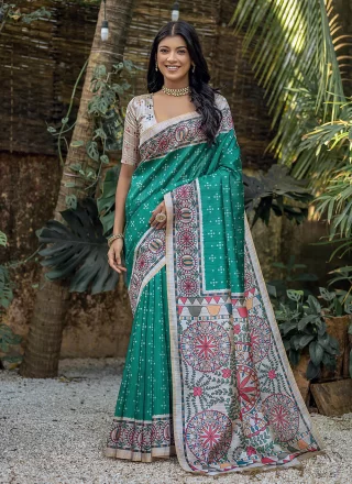 Picturesque Rama Tussar Silk Trendy Saree with Print Work