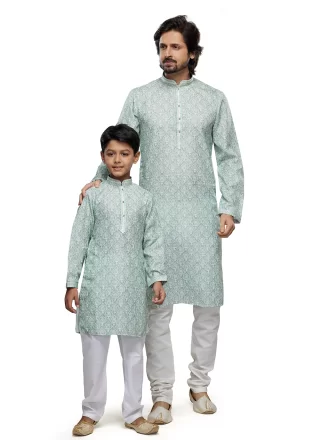 Picturesque Sea Green Cotton Mens & Kids Combo with Digital Print Work