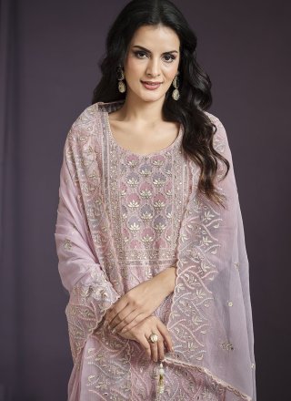 Pink and Purple Chiffon Salwar Suit with Embroidered, Lucknowi Work and Thread Work
