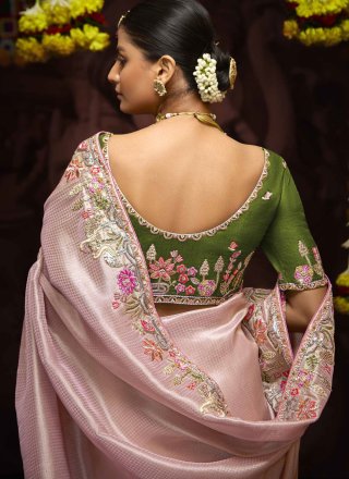Pink and Purple Kanjivaram Silk Contemporary Sari with Embroidered, Thread and Weaving Work for Women