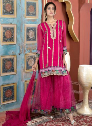 Pink and Rani Georgette Embroidered, Lace and Sequins Work Salwar Suit for Ceremonial