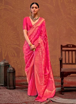 Pink and Rani Handloom Silk Weaving Work Classic Sari for Ceremonial