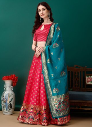 Pink and Rani Jacquard Work Jacquard Silk Lehenga Choli