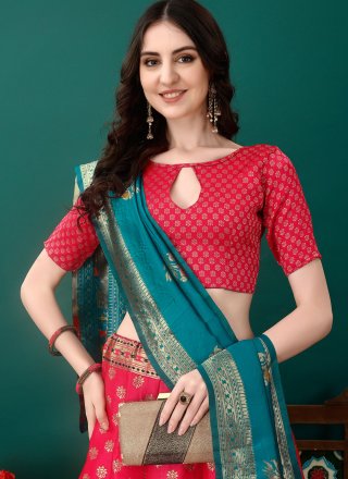 Pink and Rani Jacquard Work Jacquard Silk Lehenga Choli