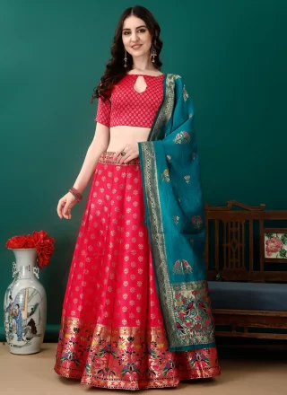 Pink and Rani Jacquard Work Jacquard Silk Lehenga Choli