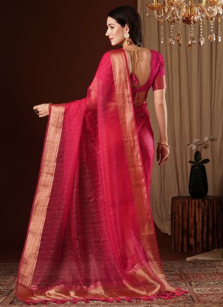Pink and Rani Organza Weaving and Zari Work Trendy Saree for Casual