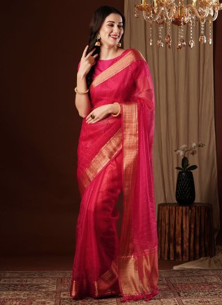 Pink and Rani Organza Weaving and Zari Work Trendy Saree for Casual