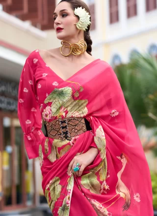 Pink and Rani Print Work Georgette Contemporary Sari