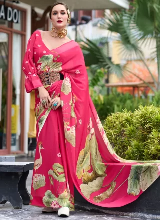 Pink and Rani Print Work Georgette Contemporary Sari