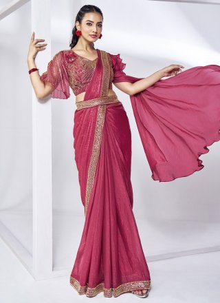 Pink and Rani Satin Silk Cord, Hand, Khatli and Sequins Work Contemporary Saree for Women