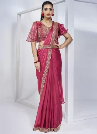 Pink and Rani Satin Silk Cord, Hand, Khatli and Sequins Work Contemporary Saree for Women