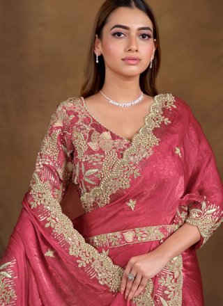 Pink and Rani Satin Silk Traditional Saree with Moti and Sequins Work