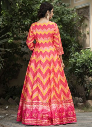 Pink and Rani Silk Digital Print Work Designer Gown