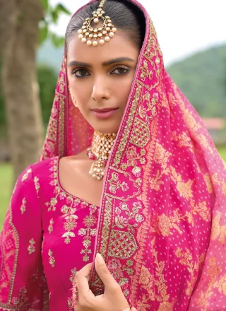 Pink and Rani Silk Embroidered, Khatli and Stone Work Lehenga Choli for Women
