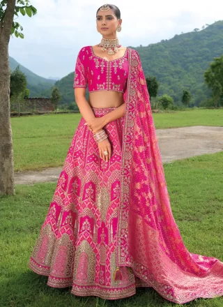 Pink and Rani Silk Embroidered, Khatli and Stone Work Lehenga Choli for Women